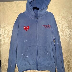 Men's Blue Zip-Up Sweater with Heart Patch